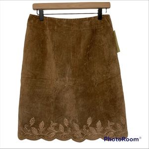 Lord & Taylor Petite Embroidered Scalloped Hem Leather Skirt Size 12P NWT